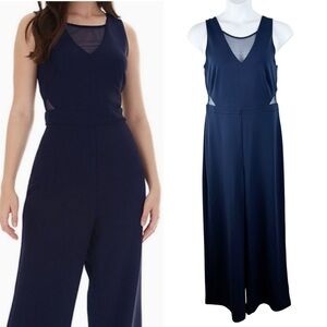 IZ Byer Navy Illusion Sides V Neck Wide Leg Scuba Crepe Jumpsuit Size XXL